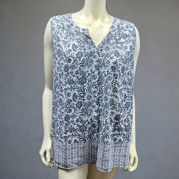 Liz Claiborne Blue & White Paisley Floral Sleeveless Blouse Semi-Sheer Large - Picture 1 of 12